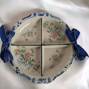 Divided Serving Dish 9" Blue Floral Round Section Plate Japan TK Vintage Estate